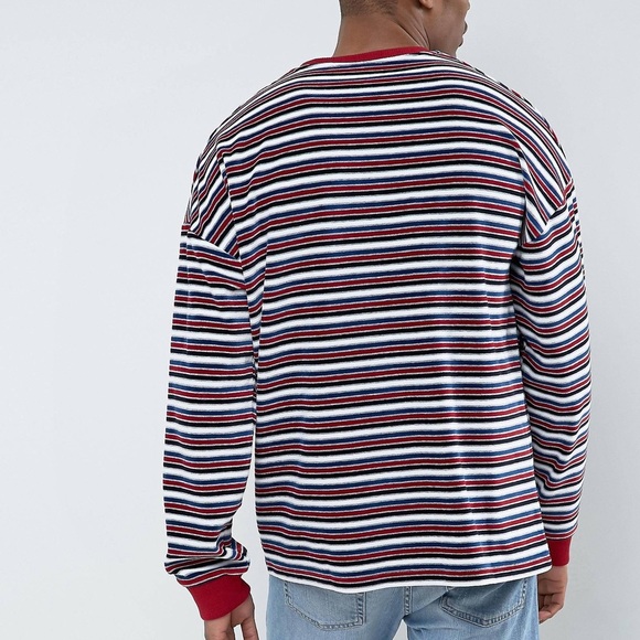 ASOS men’s burgundy stripe long sleeve crew neck towelling 90’s shirt Sz XXS - Picture 3 of 5